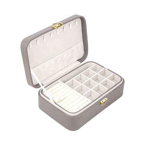 Image of BucketList Large PU Leather Jewellery Organizer Box with Necklace Hooks | Multi-Layer Jewelry Storage Case with Removable Tray & Secure Lock (PU Leather with Removable Tray (Grey))