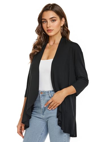 Image of YnimioAOX Women's Cardigan Lightweight Open Front 3 /4 Sleeves Draped Ruffles Knit Cardigan Sweaters