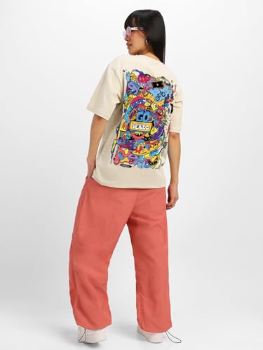 Image of Veirdo Pure Cotton Round Neck Oversized Baggy Fit Stylish Front & Back Graphic Printed Half Sleeve Boyfriend T-Shirt for Women (Color Options- Black, Orange, Royal Blue & Lilac)