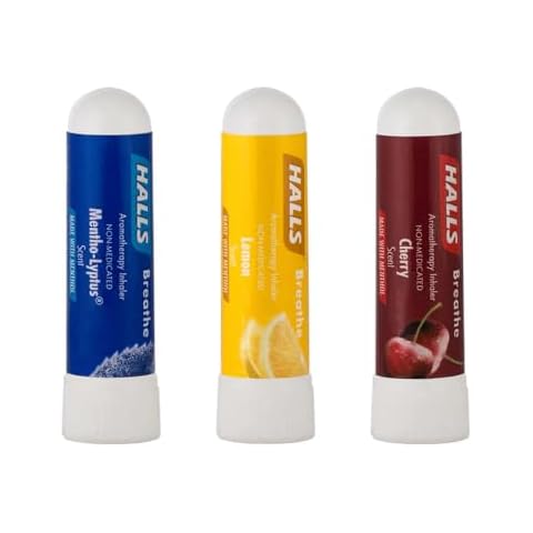SpaRoom Halls Breathe Menthol with 100% Pure Essential Oils Aromatherapy Nasal Inhaler, 3 Pack, Cherry, Lemon and Mentho-Lyptus Scents Cover