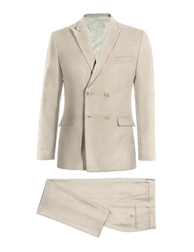 Linen Suits for Men 2 Piece Double Breasted 4 Button Tuxedos Casual Peak Lapel Blazer Pants for Business Wedding Party4