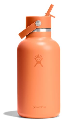 Hydro Flask Water Bottle - Insulated Stainless Steel - Wide Mouth Flex Straw Lid, Non Spill, Leakproof and Refillable in 64 Oz Nectar Orange