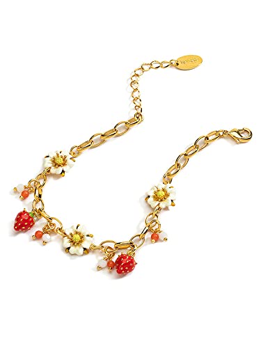 Fruit Strawberry And White Flower Enamel Charm Bracelet Jewelry Gift3