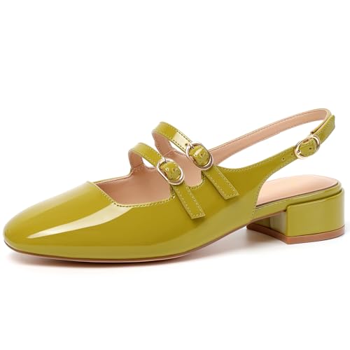 Image of Mostrin Mary Jane Shoes Women Slingback Chunky Low Heels for Women Closed Rounded Toe Ankle Strap Pumps Daily Wedding Party Dress Shoes