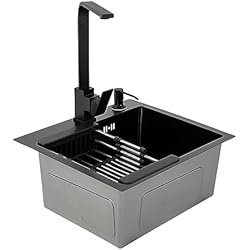Pila Fregadero Cocina Fregadero de Cocina, con Grifo 40 x 45 cm, Fregadero 1 Seno, Acero Inoxidable Cuadrado, Fregadero Sobre Enrasado Negro Mate