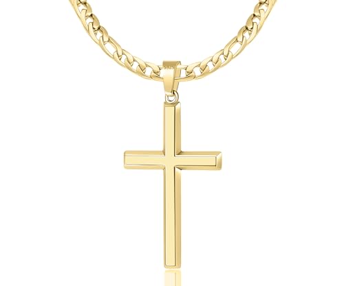 BWDIPCYC 18K Gold Plated Beveled Edge Cross Necklace for Men Women, 5mm Man Gold Figaro Link Chain, Fashionable Men's Crucifix Pendant Chain Necklaces 26 Inch