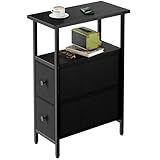 YMYNY Table d'appoint étroite, Table de Chevet Mince avec 2 tiroirs en Tissu, Table de Nuit pour Petits espaces, Bout de canapé pour Chambre à Coucher ou Salon, Noir HST019B