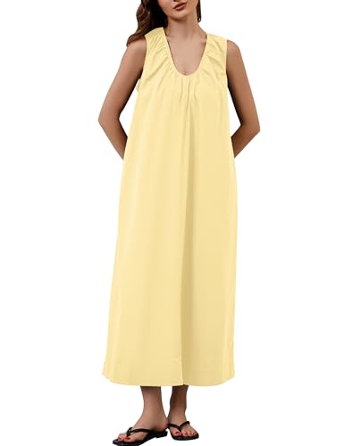 Image of Livtany Women's Scoop Neck Ruched Maxi Dress Flowy Swing Wide Straps Long Dress Casual Sleeveless Sundress with Side Pockets
