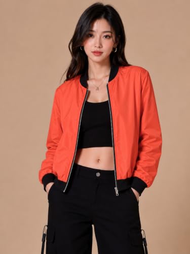 Image of Women's Bomber Jacket | Lightweight Zip-Up Casual Jacket | Full Sleeve Ribbed Collar Solid Jacket with Pockets | Stylish Outdoor Windcheater