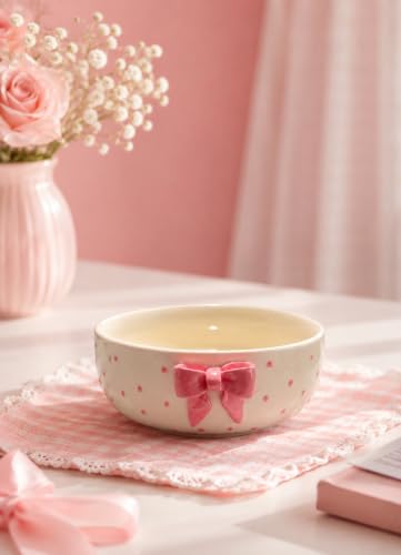 Image of The Deluxe Creations Ceramic Serving Bowl with Pink Bow | Handmade Soup & Dessert Bowl | Aesthetic Gift Bowl for Girls | Breakfast Cereal Bowl | 500 ML