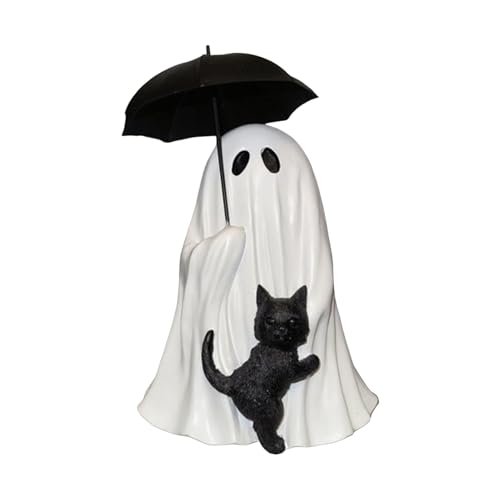 FriendshipHome Table Center Piece 6" Halloween Ghost Holding Umbrella Statue with Black Cat Figurines Resin Gothic Spooky Tabletop Oranment for Office Shelf Home Decor Bookshelf Decor