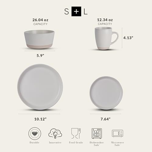 Image of Stone Lain Jules Stoneware 16-Piece Dinnerware Set, Plates and Bowls, Service for 4, Off White, Microwave & Dishwasher Safe