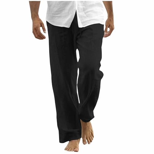 Men Cotton Linen Pants Elastic Waist Drawstring Straight Leg Beach Summer Yoga Casual Loose Fit Trousers
