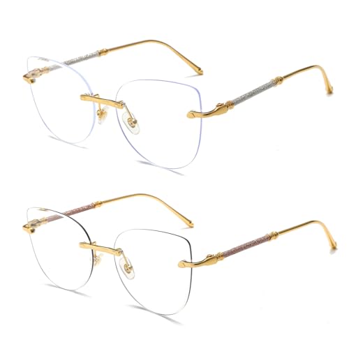 Image of LJCZKA Rimless Blue Light Blocking Glasses Women Stylish Cat eye Eyeglasses Anti Eye satrain Computer Cateye Metal Frame