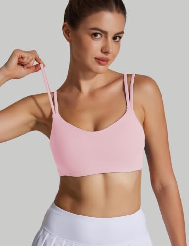 Image of Yoga Sports Workout Bras for Women Seamless Molded Cup Spaghetti Double Strap Bra Wirefree Scoop Neck Tank Top Bras