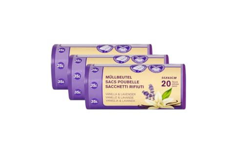 Müllbeutel Allzweckbeutel Reißfeste Müllbeutel mit Zugband 35L - Vanilla & Lavender 3 Rollen x 20 Beutel