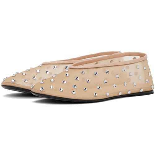 Women Mesh Ballet Flats Rhinestone Breathable Mesh Flats Slip On Ballerina Shoes Embroidered Floral Comfortable Casual Dress Shoes