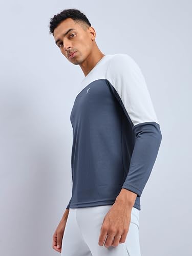 Image of TECHNOSPORT Men Colorblock Slim Fit Round Neck T-Shirt with TECHNOCOOL+ (Light Blue) Gym Tee Dry Fit T Shirt for Men Sports Top for Him