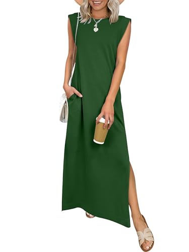 ANRABESS Women Summer Casual Sleeveless Maxi Dress 2026 Crewneck Loose Split Wrinkle-Free Beach Travel Vacation Long Sundress Forest Green Large