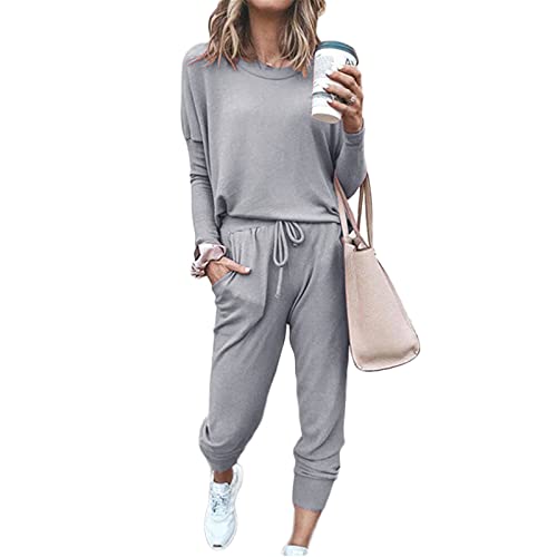 SotRong - Chándal de 2 piezas para mujer, talla grande, camiseta de manga larga y cuello redondo y pantalón holgado con cordón ajustable
