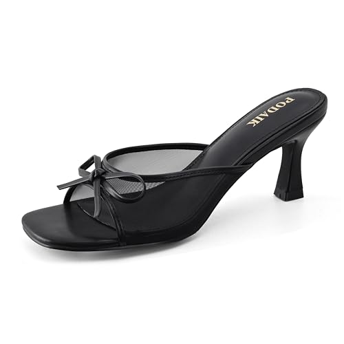 Kitten Heels for Women Slip On Sandals Bow Mules Heeled Sandals Square Open Toe Dress Party Slides