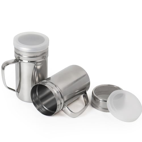 2 Pcs Powdered Sugar Shaker Duster with Handle, Stainless Steel Fine Mesh Shaker Powder Cans with Plastic Lid, Sifter Dredge Shaker for Powder Sugar Cinnamon Cocoa Pepper Coffee Flour Salt (14oz)