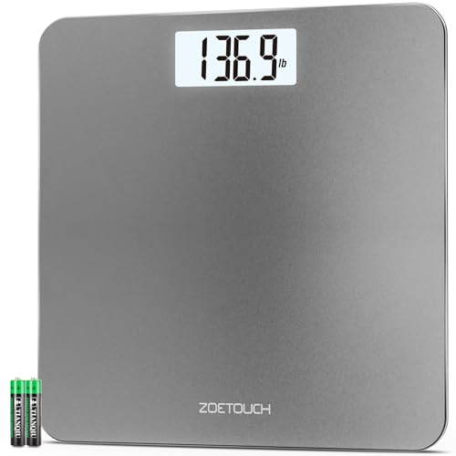 ZOETOUCH Bathroom Scale for Body Weight Digital Weighing Machine with Backlit LCD Display, Most Accurate Bath Scale for People, High Precision, Grey,Tempered Glass Batteries Included, 396lb/180kg