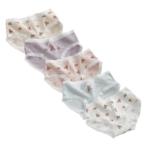 5 Packs Soft Cotton Panties for Women Lace Floral Ruffled Cute Bear Print BowKnot Underwear