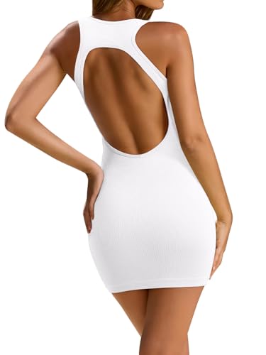 Image of LASLULU Womens Bodycon Mini Dress Backless Built in Bra Casual Cute Sundresses Ribbed Summer Tank Dress