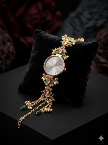 Image of Women's Rose Gold Bracelet Watch with Green Enamel Floral Charm, Pearl Accents, Tassel Chain