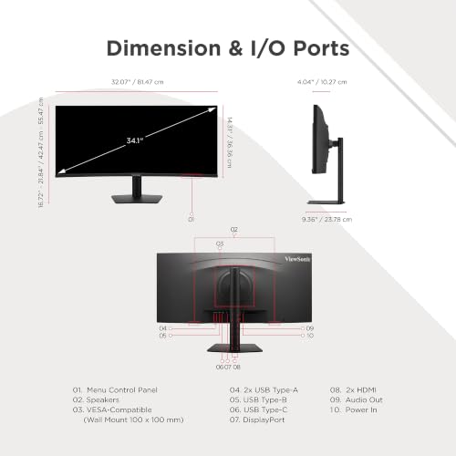 Image of ViewSonic VG3420C 34 Inch UWQHD 1440p Curved Docking Monitor, 1900R IPS Display for Immersive Home and Office Productivity, 120Hz, 96W USB-C, RJ45, HDMI, and DisplayPort Inputs