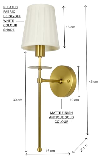 Image of Antique Gold Long Lamp with Cream Pleated Fabric Shade Lamp | Wall Lamp with Metal Frame | Decorative Lighting Fixture for Living Room, Bedroom, Hallway