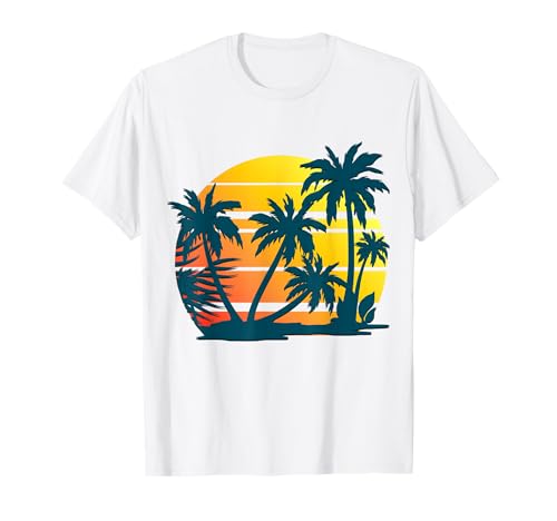 Playa Tropical Atardecer Retro Palmeras Vacaciones De Verano Camiseta