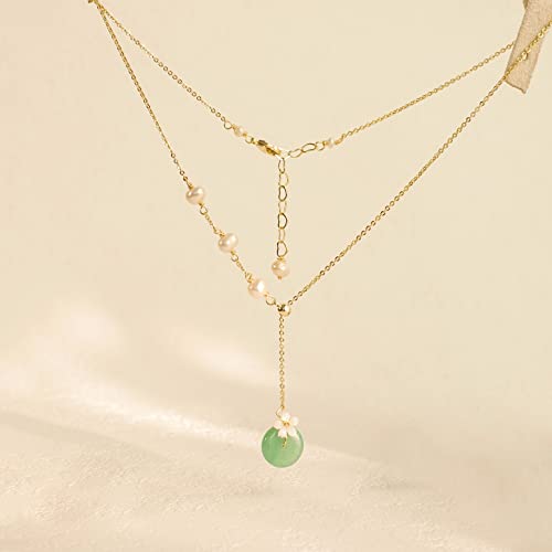 Y-Shaped Green Aventurine Jade Flower Pendant Choker Necklace Dainty Freshwater Pearl 16Inch Handmade Jewelry Gold Valentine Birthday Gift For Women Girl #TOP6