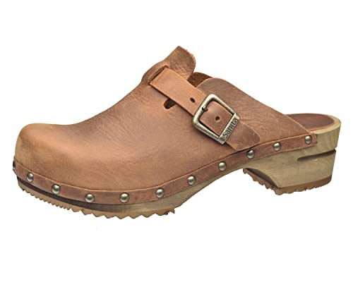 Sanita Kristel | Sabots Ouverts | Produit Original Fabriqué à la Main pour Femme | Sabots en Cuir avec Semelle en Bois | Marron | 36 EU