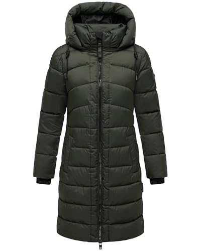 MARIKOO Damen Langer Wintermantel warmer Steppmantel mit abnehmbarer Kapuze Kaltnäschen 16 Dark Olive Gr. 3XL