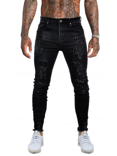 Jeans Pants Trouser Denim Ripped Hole Street Trendy Black Elastic Tight Fit Men3