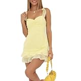 Women Fly Sleeve Mini Dress Sweetheart-Neck Swiss Dot Sleeveless Chiffon Tiered Ruffle Hem Bodycon Dress Streetwear (A Swiss Dot Yellow, S)