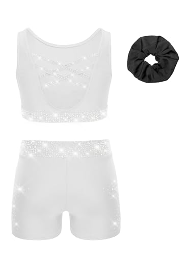 Kids Girls 3 Piece Gymnastic Dance Outfit Crop Top With Booty Shorts Hair Band Set For Yoga Training White 8 Years2