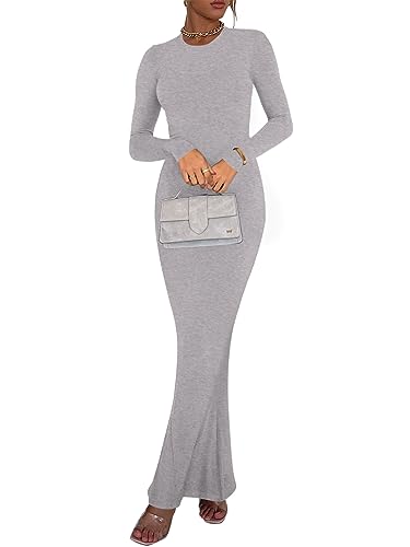 Image of REORIA Women's Sexy Crew Neck Lounge Long Dress Elegant Long Sleeve Ribbed Bodycon Maxi Dresses