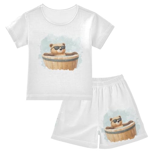 Sunglasses Bear Tub Pajama Set Short Sleeve PJ Set Cotton Summer Pajamas Sleepwear Soft 5Y