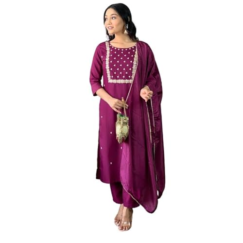 Image of Naixa Women's Viscose Embroidered Straight Kurta with Viscose Pant and Silk Blend Printed Dupatta Sets (NK-430)