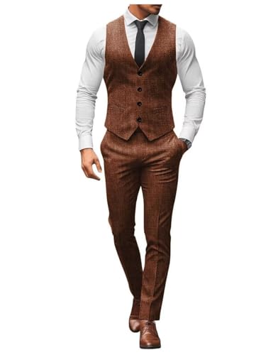 ONAXTDA Mens Slim Fit Vest and Pants Set Linen Casual 2 Piece Wedding Groomsmen Suit Waistcoat