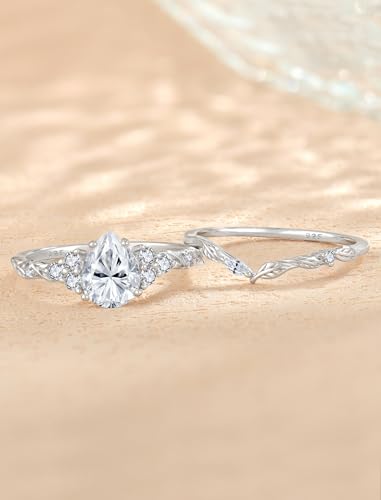 Image of Moissanite Engagement Ring Set 1.25CT D Color VVS1 Clarity Pear Shaped 925 Sterling Silver Wedding Sets Rings Bridal Promise Ring Jewelry for Women with Certificate Size 5-10