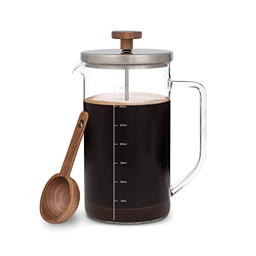 Glaswerk - Cafetera Francesa (0,35L), Varilla De Filtro Extra Larga, Sistema Filtrado De Acero Inoxidable, Mango Madera De Nogal, Cuchara Medidora De Madera, Vidrio, French Press