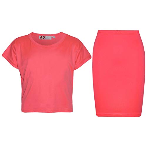Conjunto de camiseta vientre liso y falda lápiz elástica rosa neón infantil