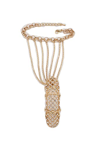 Women Fashion Jewelry Wrist Gold Metal Hand Chain Bracelet Long Elastic Ring