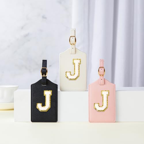 Initial Luggage Tag, PU Leather Luggage Tag, Embroidered Luggage Tag, Letter Luggage Tag, Monogrammed Luggage Tag, Luggage Tag for Baggage Bag Suitcase (J, Pink Leather+White Letter)