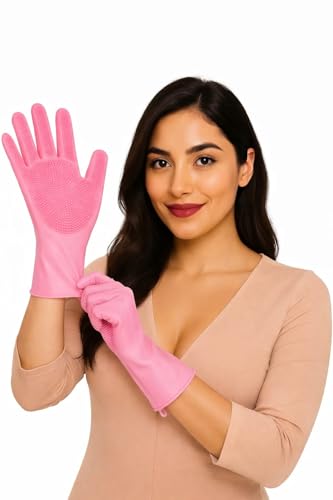 Image of Gloves Magic Silicone Dish Washing Gloves, Silicon Cleaning Gloves, Silicon Hand Gloves for Kitchen Dishwashing and Pet Grooming, Great for Washing Dish, Car, Bathroom PINK