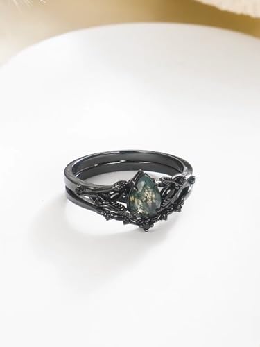 Moss Agate Engagement Black Ring Set for Women Gold 925 Sterling Silver Stacking Bridal Set for Her with Engraving Promise Wedding Ring Set Size 4-15 for Wife Men Husband3